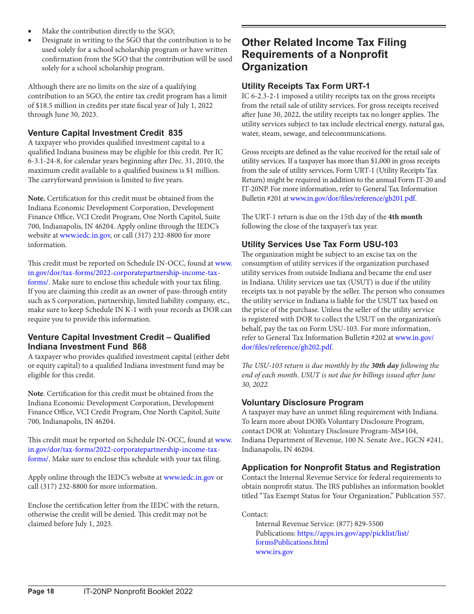 Instructions for Form IT-20NP, State Form 148 Indiana Nonprofit Organization Unrelated Business Income Tax Return - Indiana, Page 18
