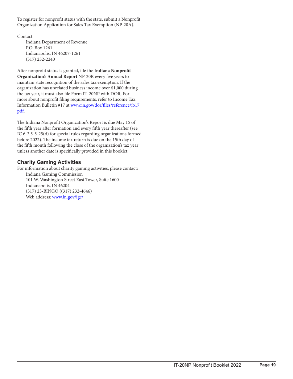 Instructions for Form IT-20NP, State Form 148 Indiana Nonprofit Organization Unrelated Business Income Tax Return - Indiana, Page 19