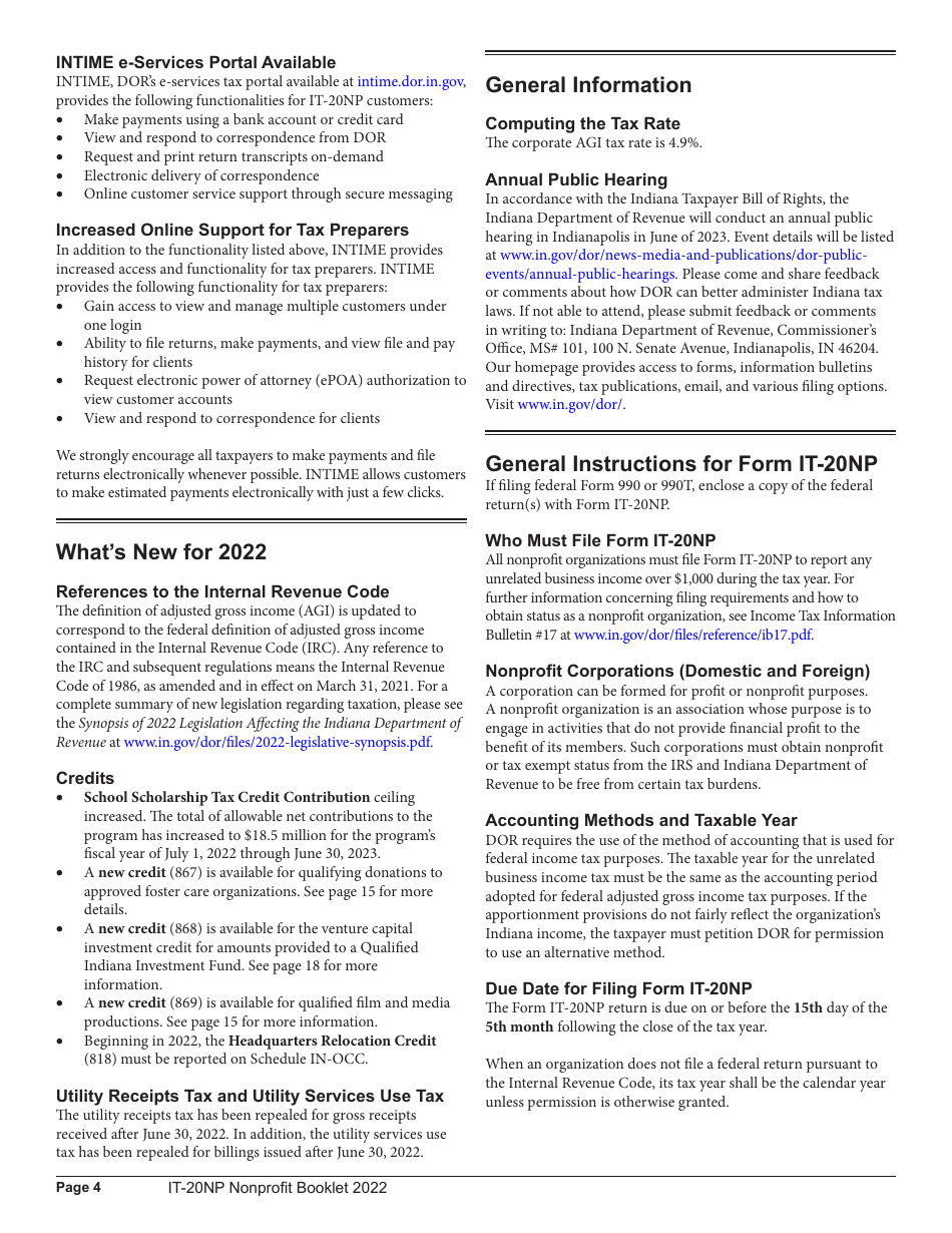 Instructions for Form IT-20NP, State Form 148 Indiana Nonprofit Organization Unrelated Business Income Tax Return - Indiana, Page 4