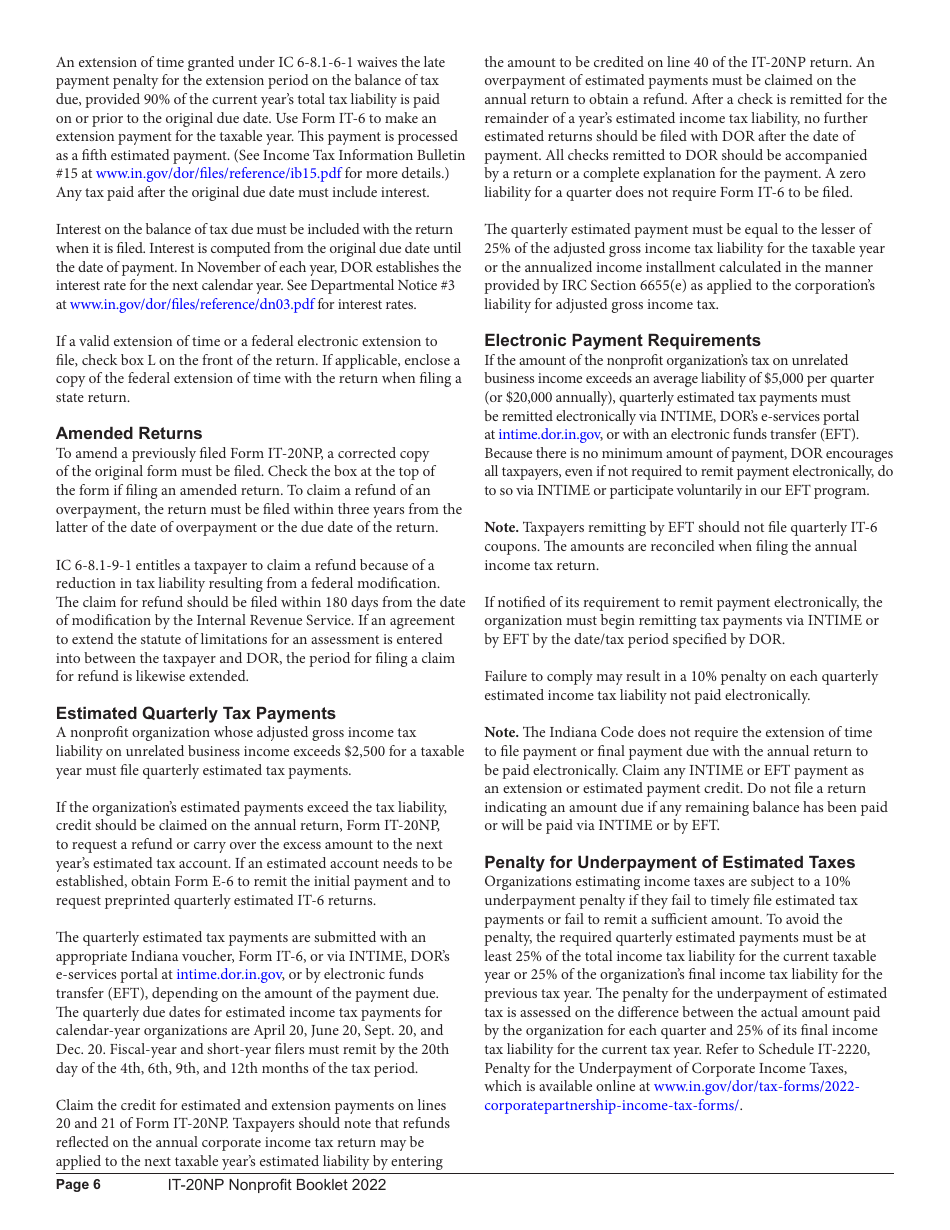 Instructions for Form IT-20NP, State Form 148 Indiana Nonprofit Organization Unrelated Business Income Tax Return - Indiana, Page 6