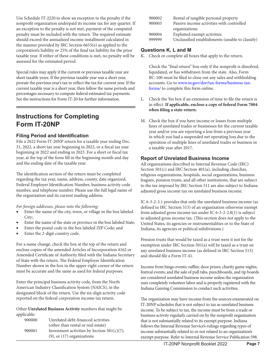 Instructions for Form IT-20NP, State Form 148 Indiana Nonprofit Organization Unrelated Business Income Tax Return - Indiana, Page 7