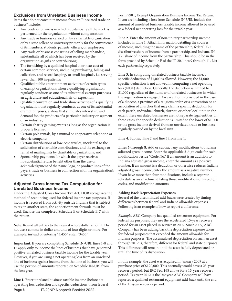 Instructions for Form IT-20NP, State Form 148 Indiana Nonprofit Organization Unrelated Business Income Tax Return - Indiana, Page 8