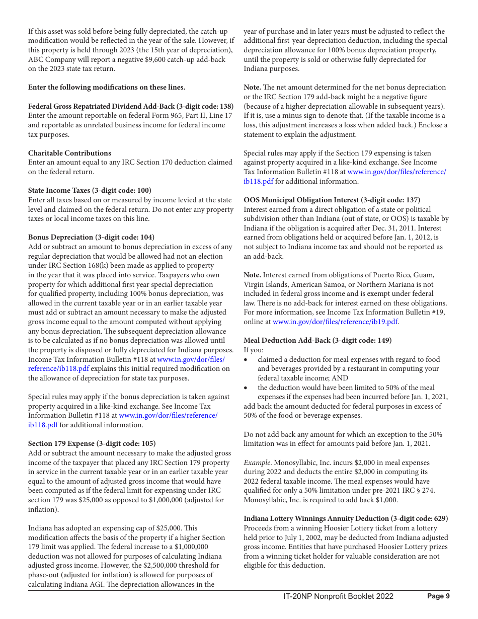 Instructions for Form IT-20NP, State Form 148 Indiana Nonprofit Organization Unrelated Business Income Tax Return - Indiana, Page 9