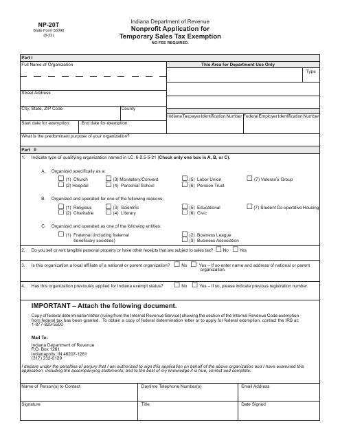 Form NP-20T (State Form 53090) Nonprofit Application for Temporary Sales Tax Exemption - Indiana
