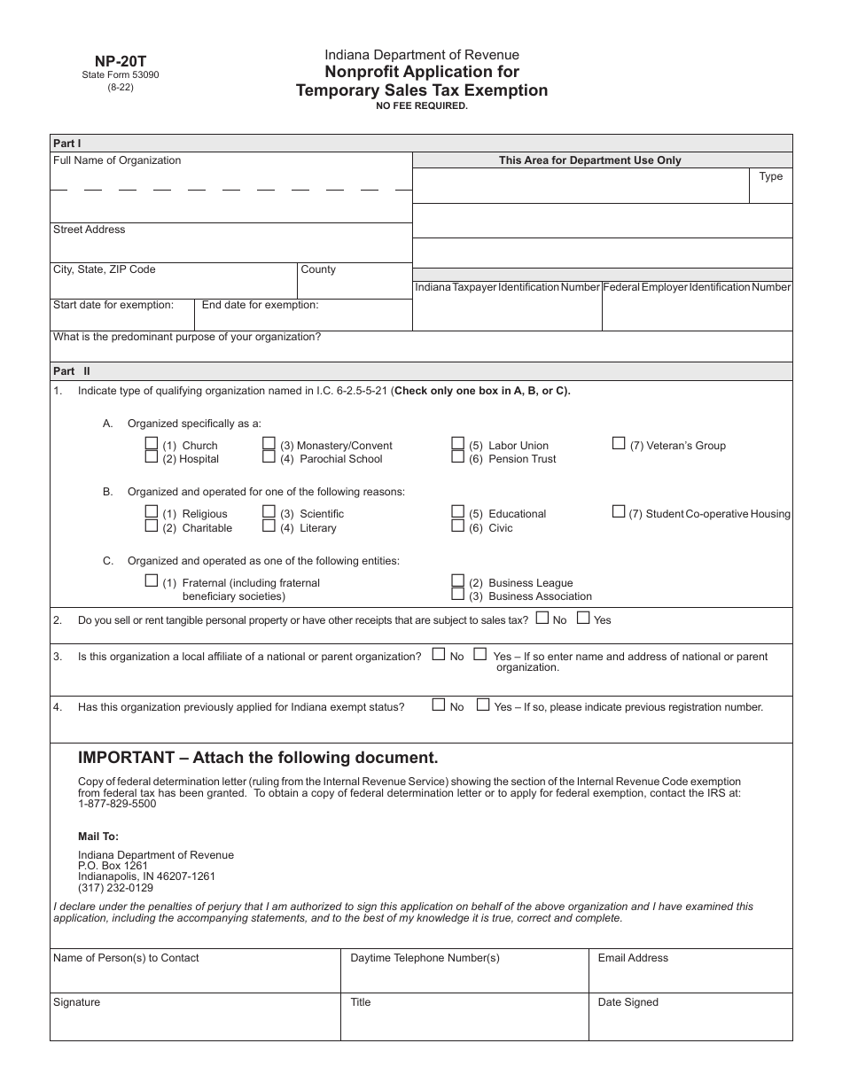Form NP-20T (State Form 53090) Nonprofit Application for Temporary Sales Tax Exemption - Indiana, Page 1