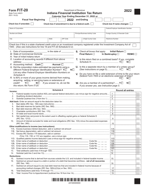 Form FIT-20 (State Form 44623) 2022 Printable Pdf