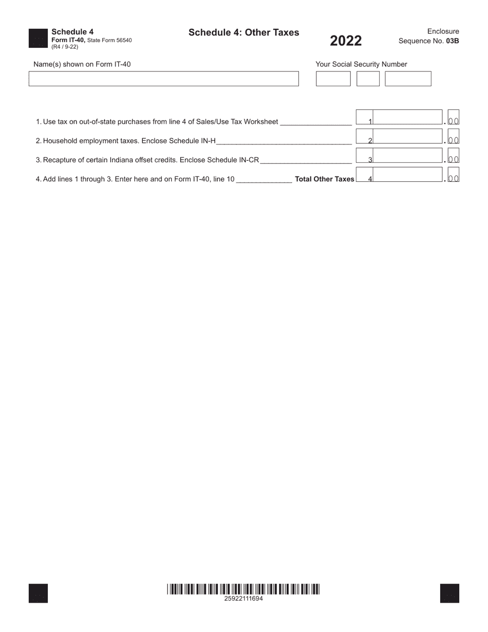 Form IT-40 (State Form 56540) Schedule 4 Other Taxes - Indiana, Page 1