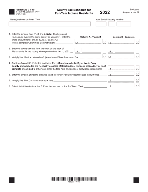 Form IT-40 (State Form 47907) Schedule CT-40 2022 Printable Pdf