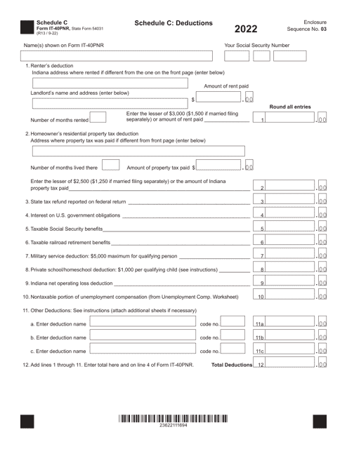 Form IT-40PNR (State Form 54031) Schedule C 2022 Printable Pdf