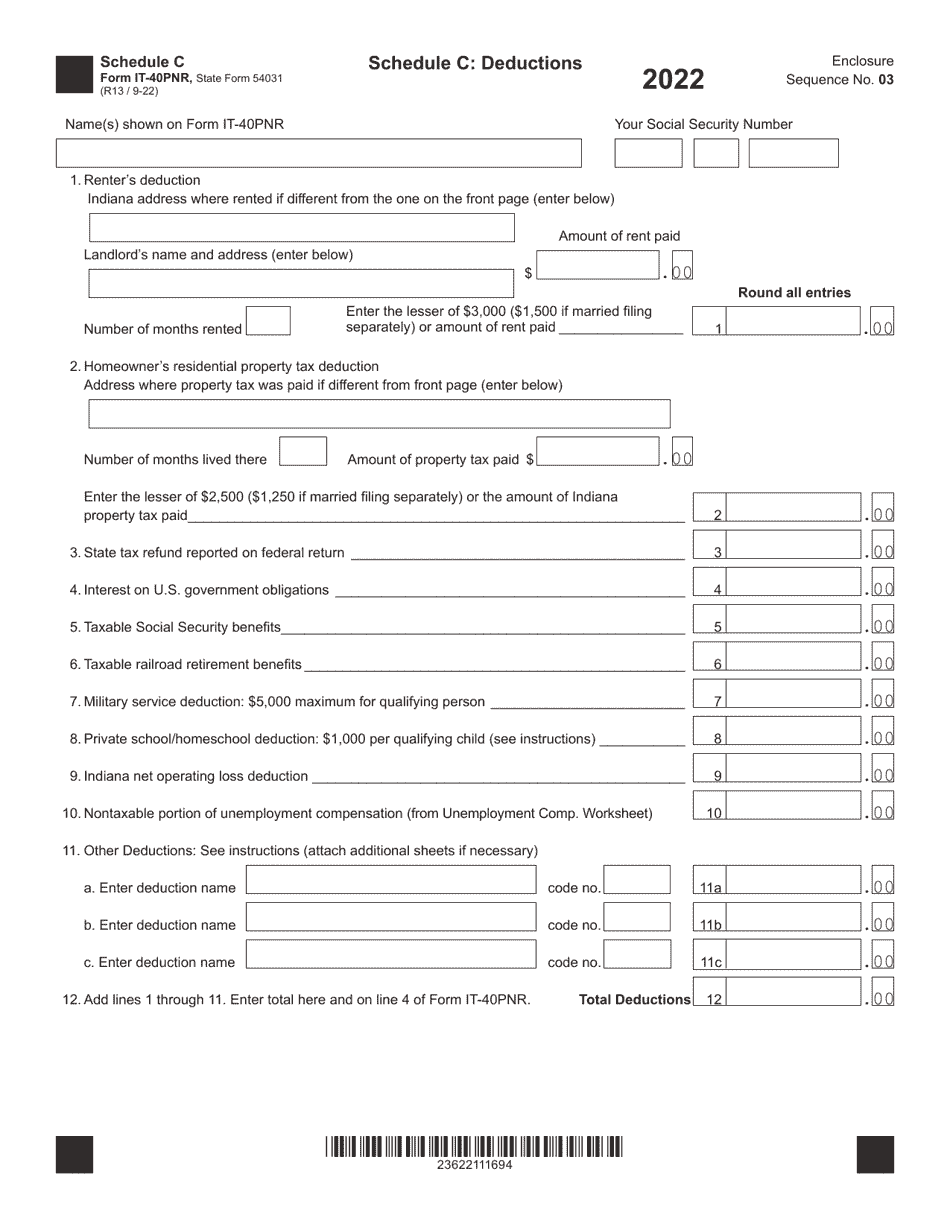 Form IT-40PNR (State Form 54031) Schedule C Deductions - Indiana, Page 1