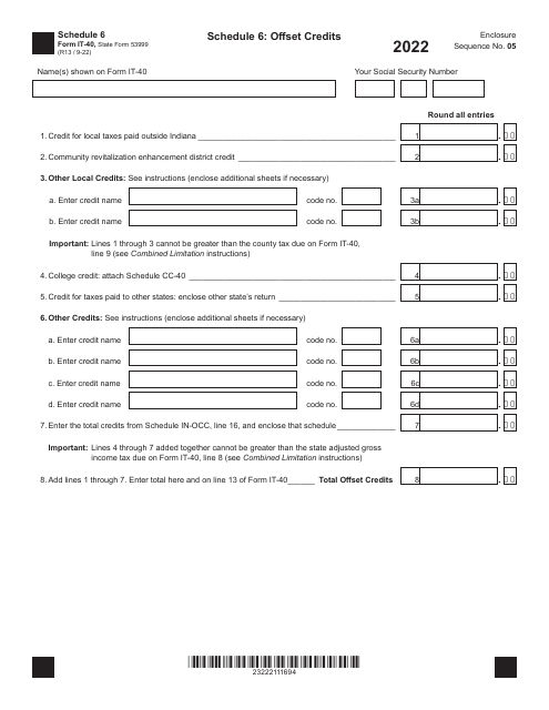 Form IT-40 (State Form 53999) Schedule 6 2022 Printable Pdf