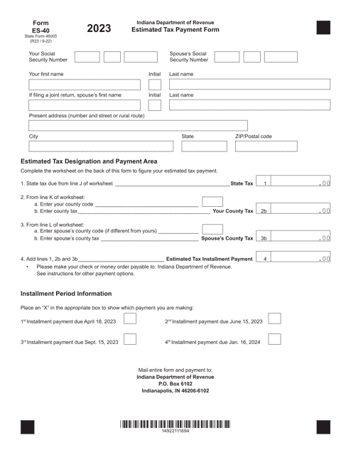 Form ES-40 (State Form 46005) Estimated Tax Payment Form - Indiana, 2023