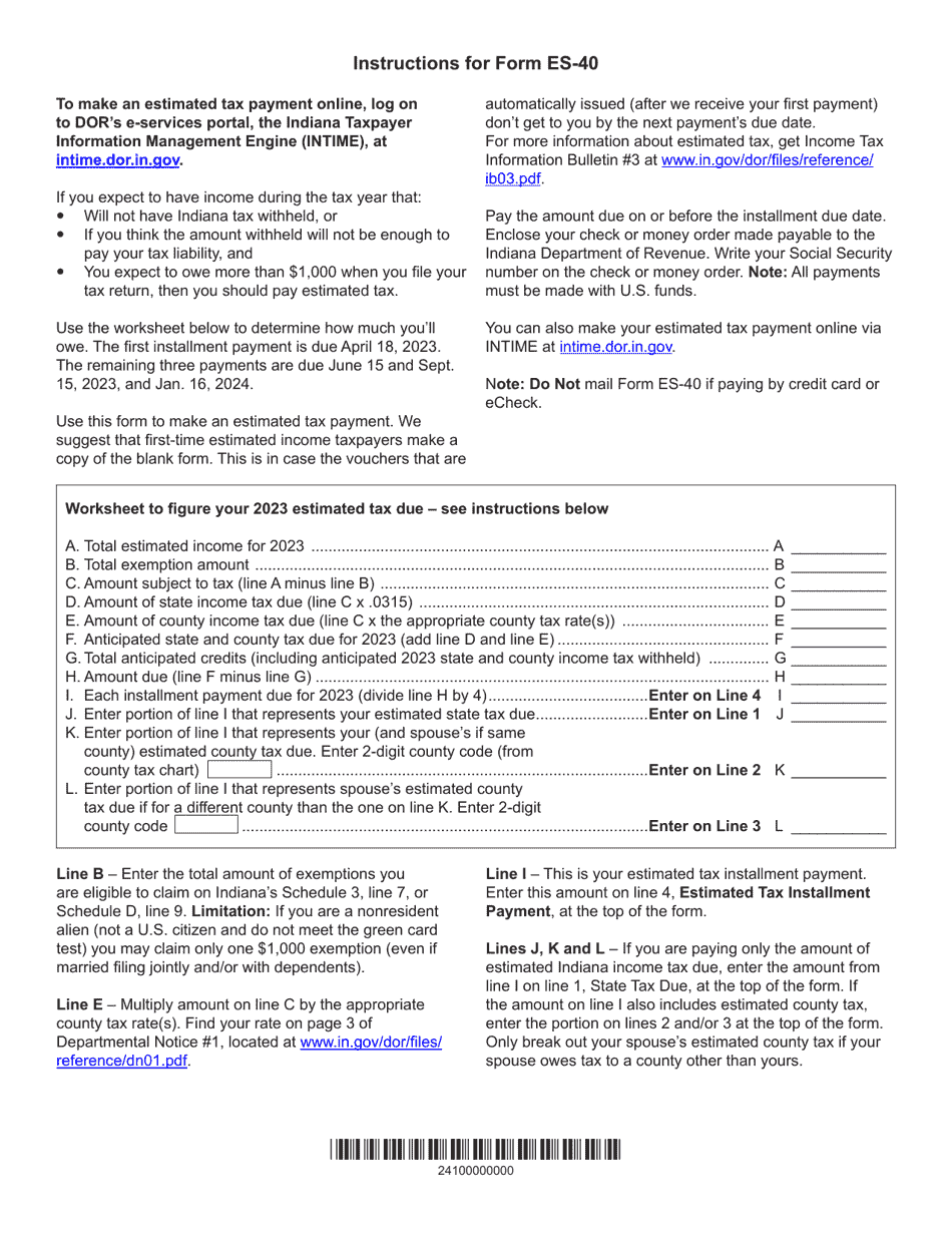 Form ES-40 (State Form 46005) Estimated Tax Payment Form - Indiana, Page 2