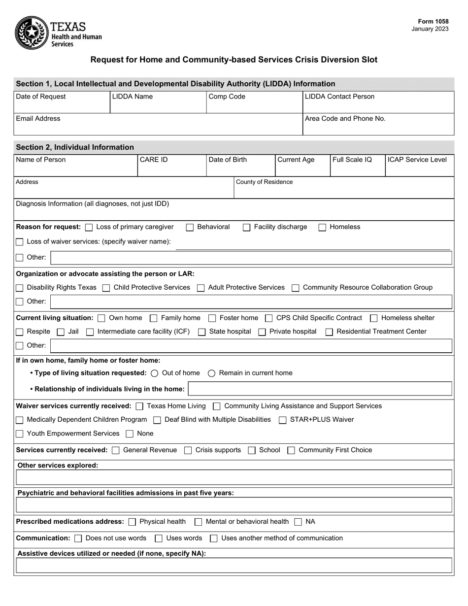 Form 1058 Request for Home and Community-Based Services Crisis Diversion Slot - Texas, Page 1