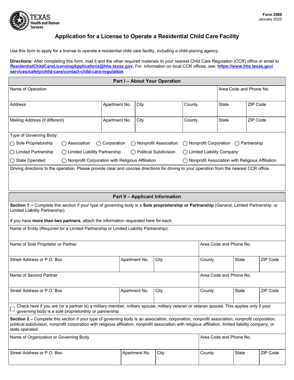 Form 2960 Application for a License to Operate a Residential Child Care Facility - Texas, Page 1