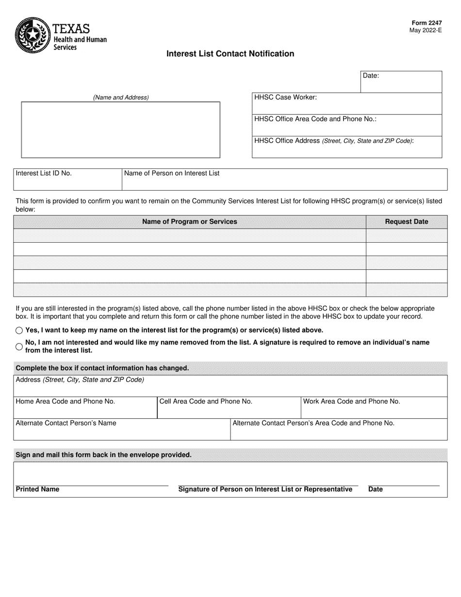 Form 2247 Interest List Contact Notification - Texas, Page 1