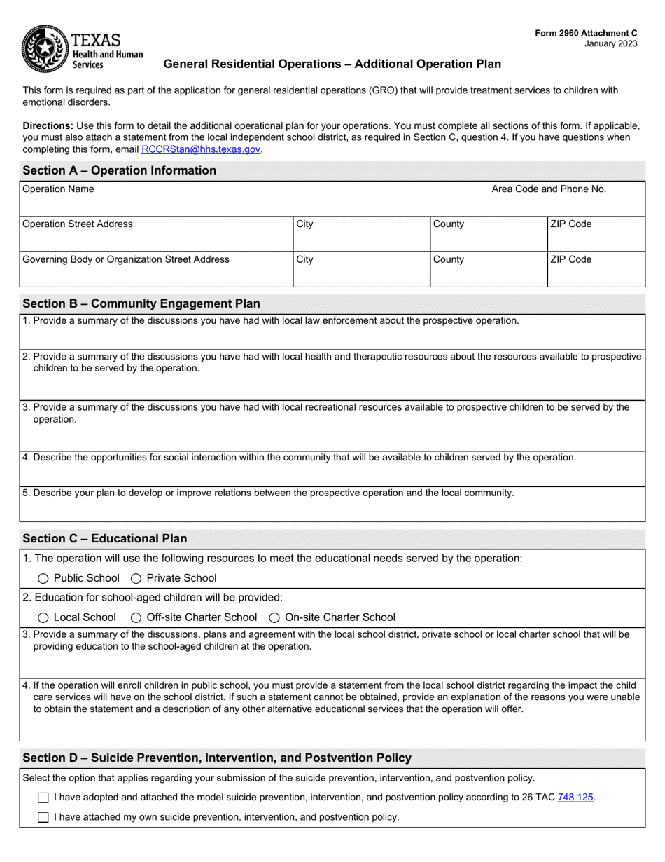 Form 2960 Attachment C General Residential Operations - Additional Operation Plan - Texas, Page 1