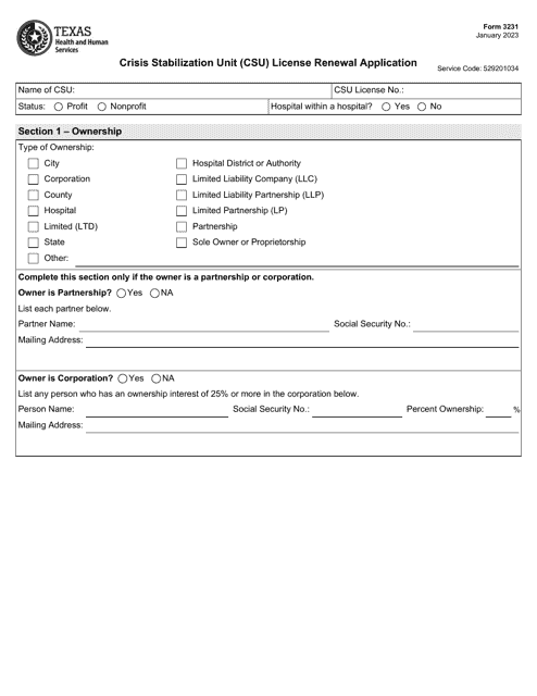 Form 3231 Crisis Stabilization Unit (Csu) License Renewal Application - Texas