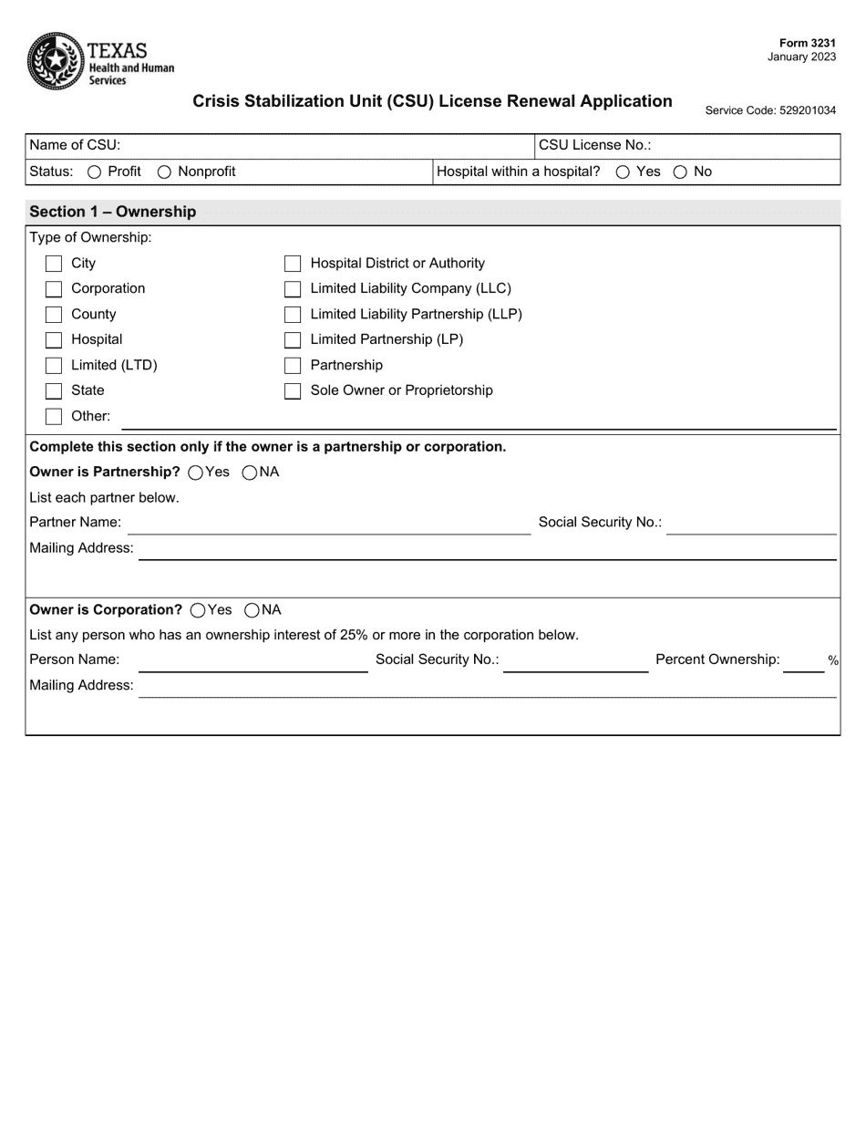 Form 3231 Crisis Stabilization Unit (Csu) License Renewal Application - Texas, Page 1