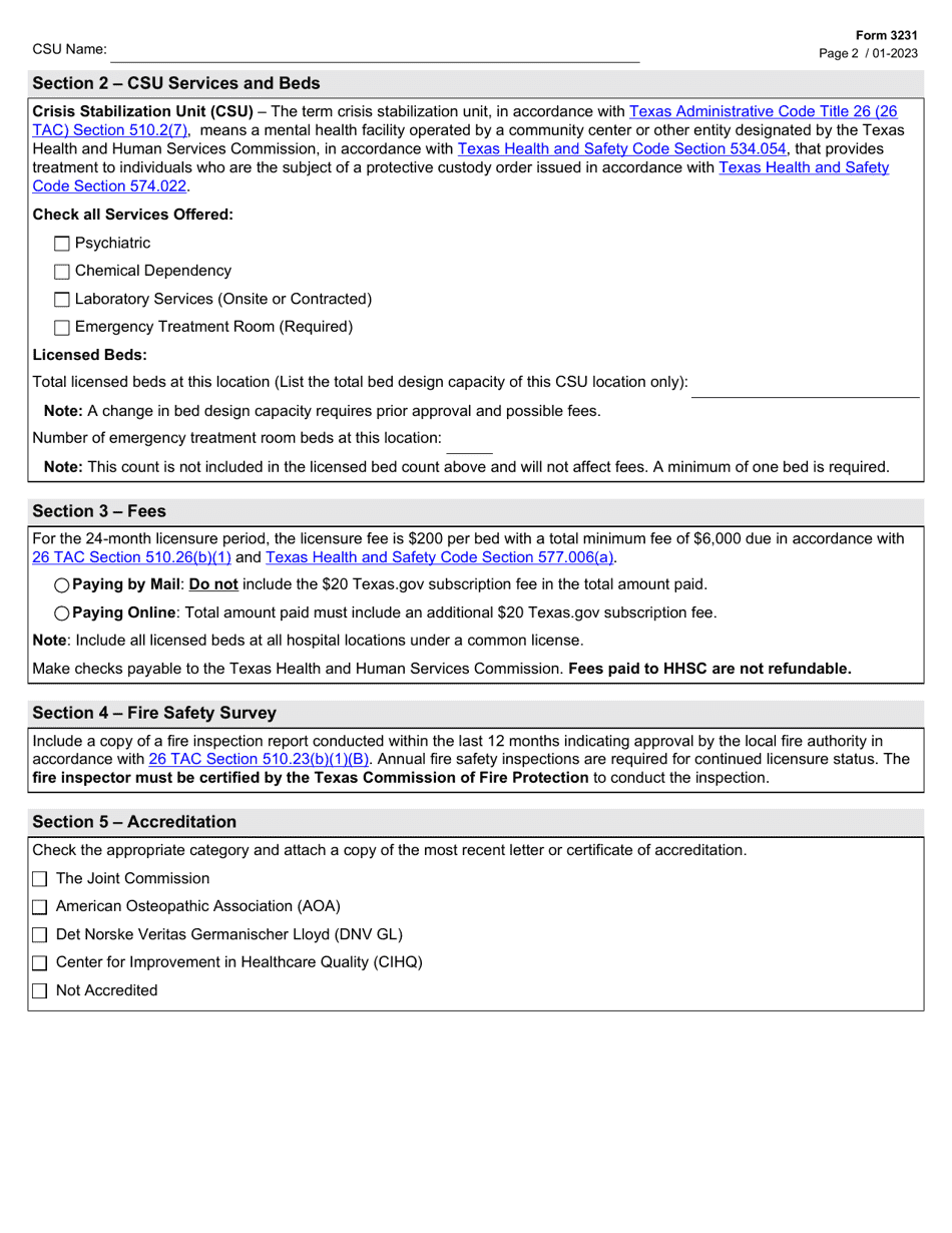 Form 3231 Crisis Stabilization Unit (Csu) License Renewal Application - Texas, Page 2