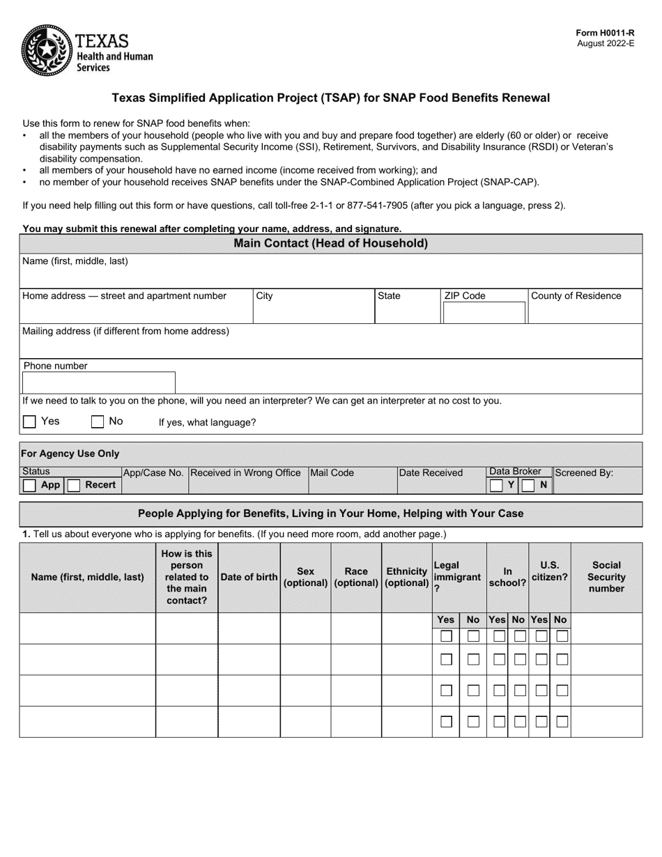 Form H0011-R Texas Simplified Application Project (Tsap) for Snap Food Benefits Renewal - Texas, Page 1