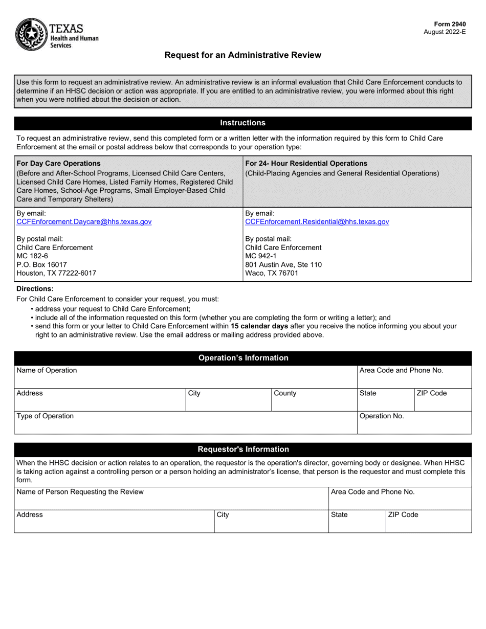 Form 2940 Request for an Administrative Review - Texas, Page 1