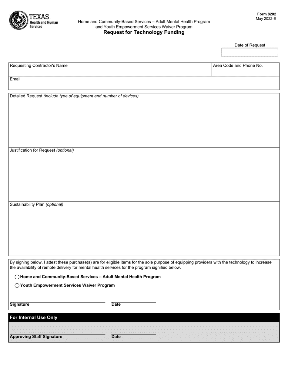 Form 8202 Request for Technology Funding - Adult Mental Health Program and Youth Empowerment Services Waiver Program - Texas, Page 1