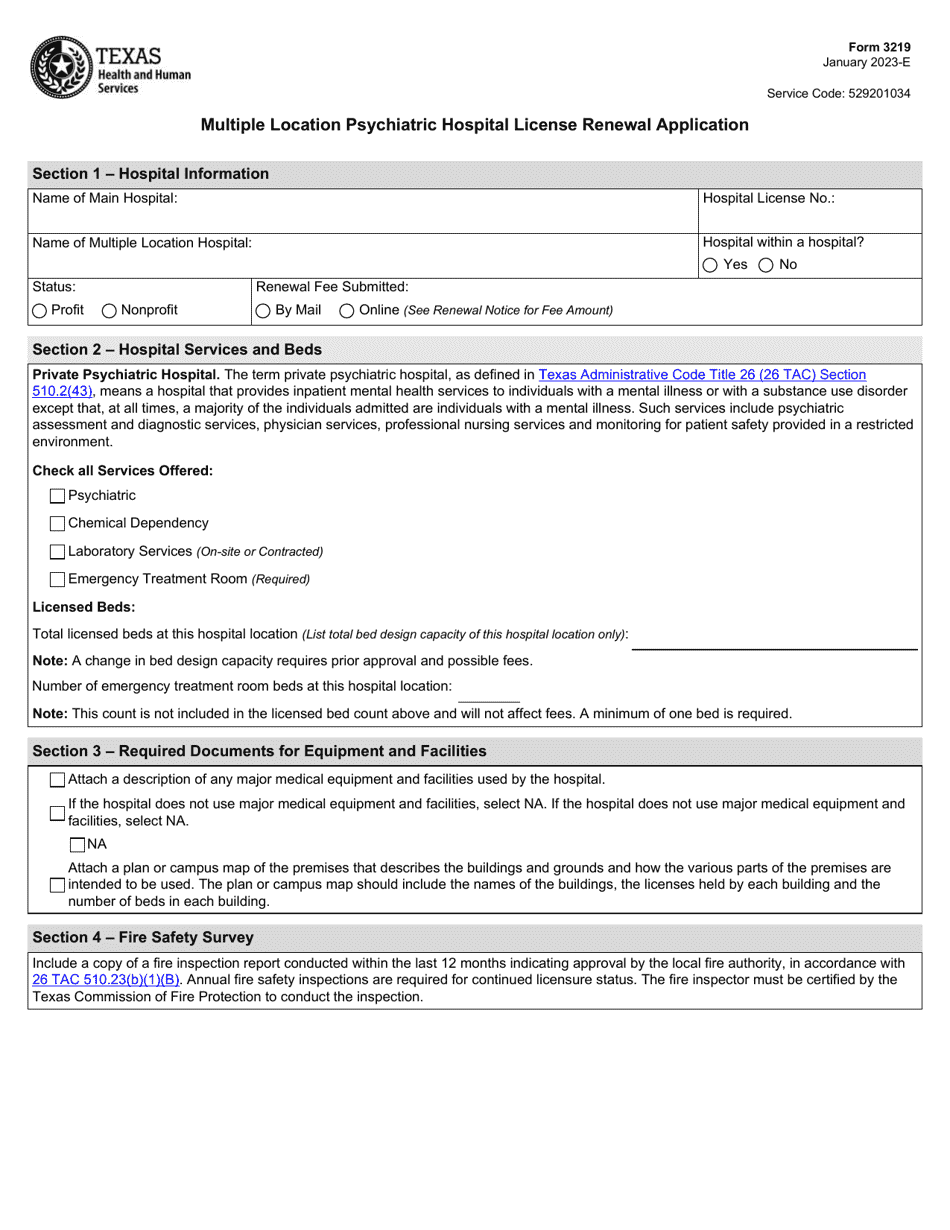 Form 3219 Multiple Location Psychiatric Hospital License Renewal Application - Texas, Page 1