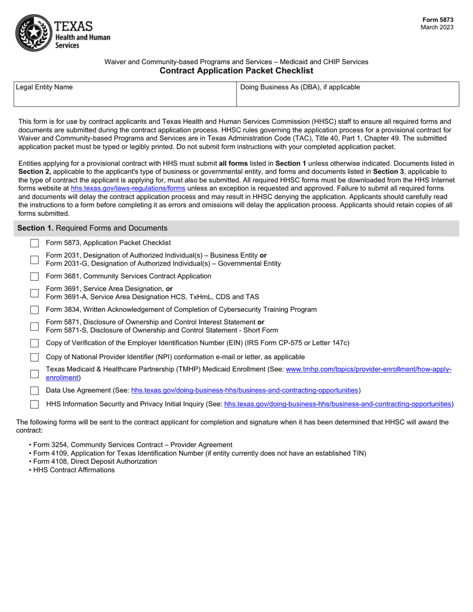 Form 5873 Medicaid and Chip Services Contract Application Packet Checklist - Waiver and Community-Based Programs and Services - Texas, Page 1