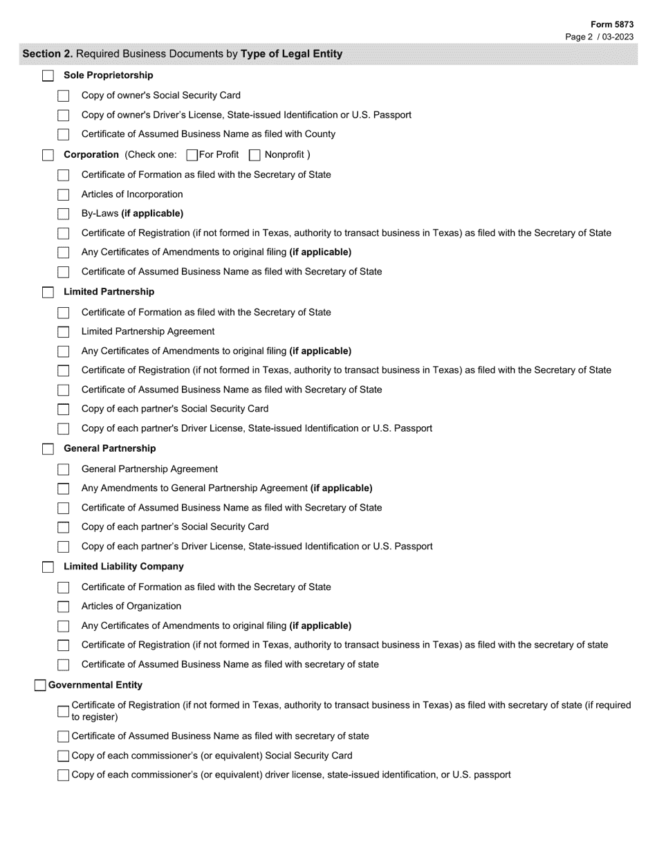 Form 5873 Medicaid and Chip Services Contract Application Packet Checklist - Waiver and Community-Based Programs and Services - Texas, Page 2