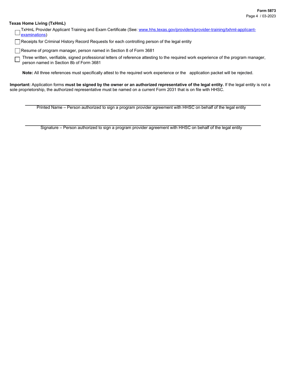 Form 5873 Medicaid and Chip Services Contract Application Packet Checklist - Waiver and Community-Based Programs and Services - Texas, Page 4