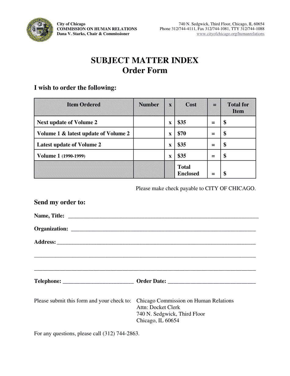 Subject Matter Index Order Form - City of Chicago, Illinois, Page 1