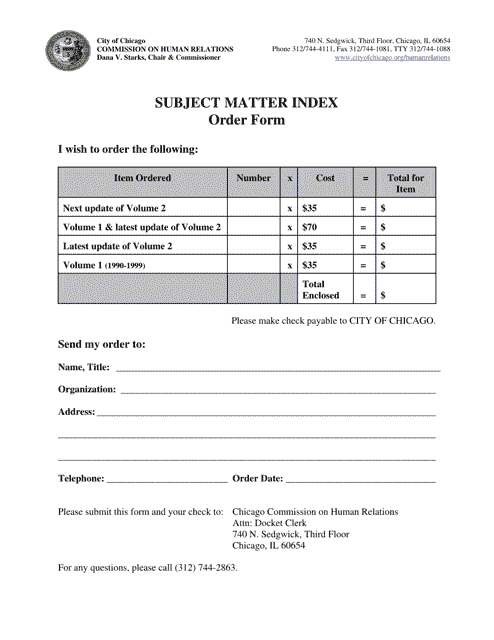 Subject Matter Index Order Form - City of Chicago, Illinois