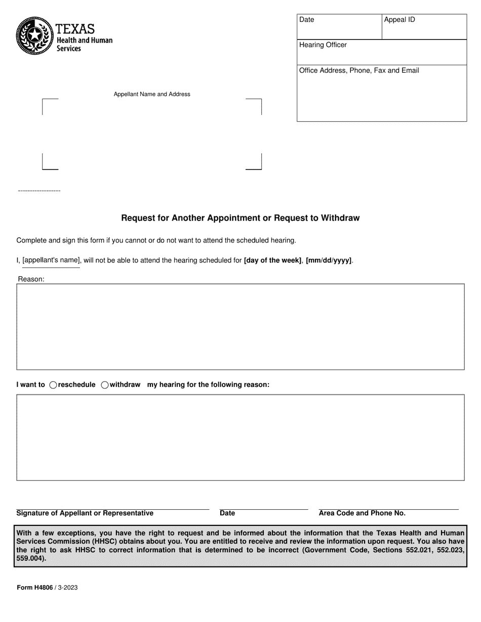 Form H4806 Request for Another Appointment or Request to Withdraw - Texas, Page 1