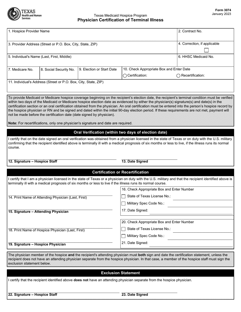 Form 3074 Physician Certification of Terminal Illness - Texas, Page 1