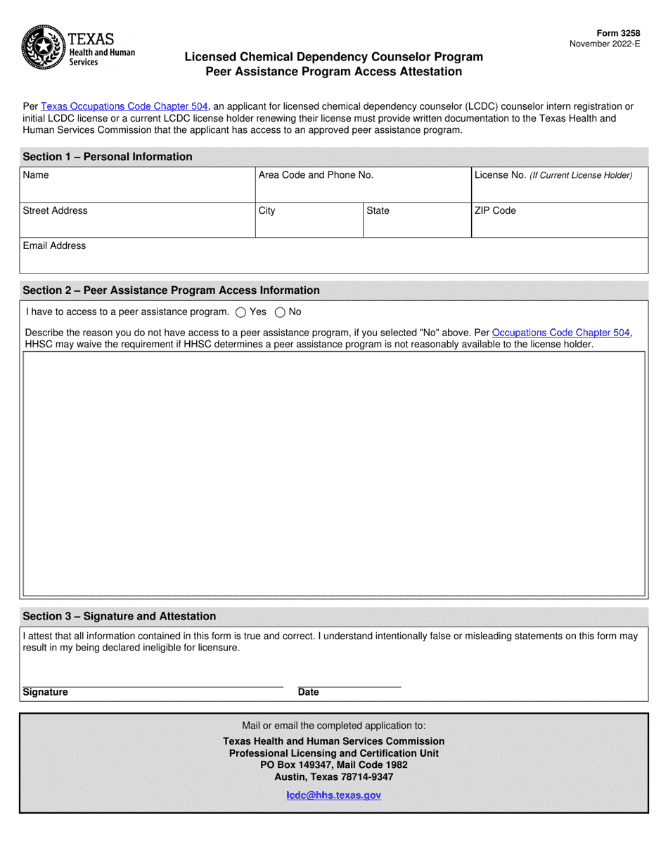Form 3258 Peer Assistance Program Access Attestation - Licensed Chemical Dependency Counselor Program - Texas, Page 1