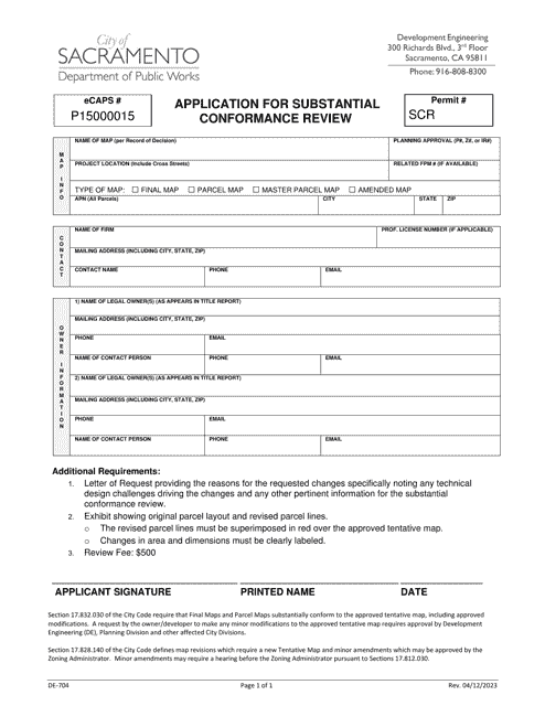 Form DE-704 Application for Substantial Conformance Review - City of Sacramento, California
