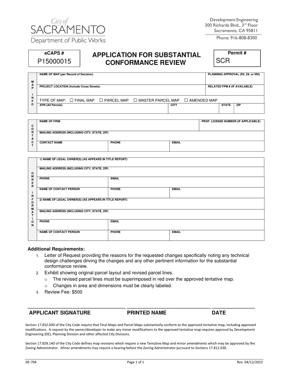 Form DE-704 Application for Substantial Conformance Review - City of Sacramento, California, Page 1