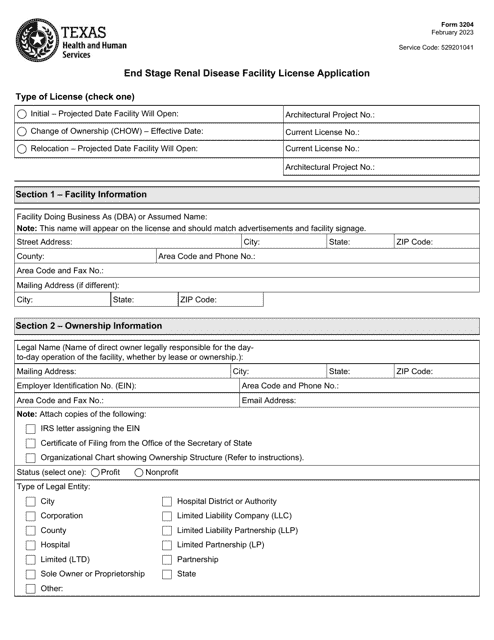 Form 3204 End Stage Renal Disease Facility License Application - Texas