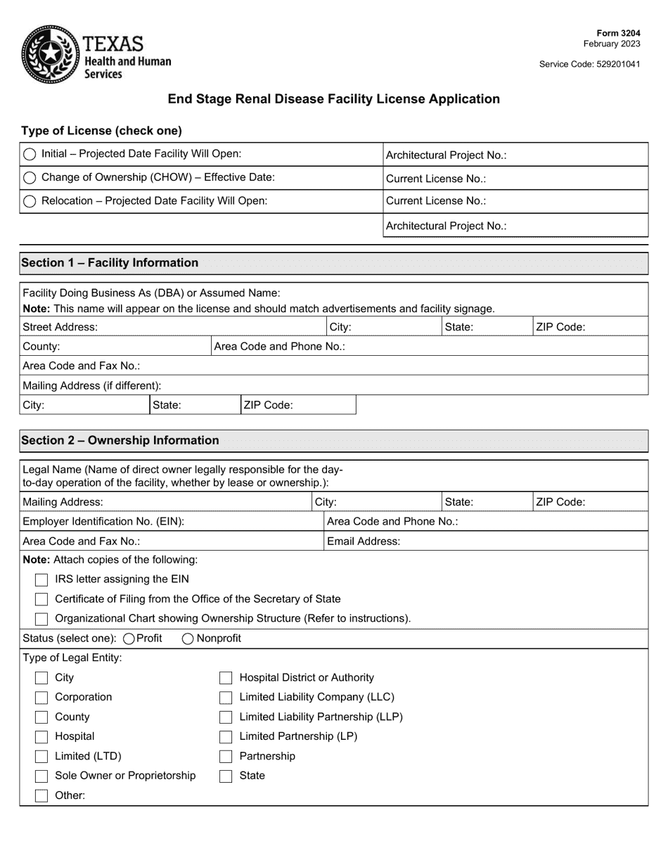 Form 3204 End Stage Renal Disease Facility License Application - Texas, Page 1