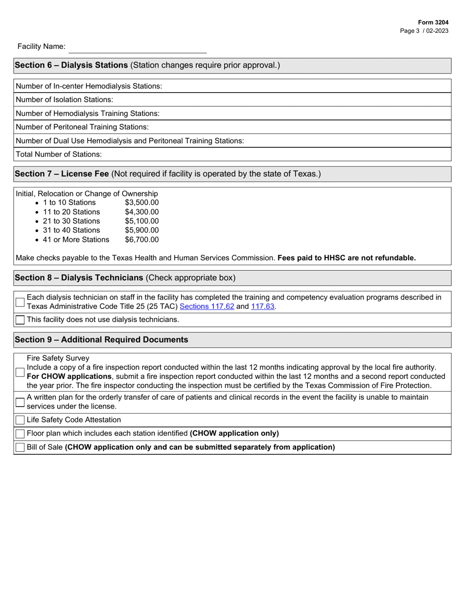 Form 3204 End Stage Renal Disease Facility License Application - Texas, Page 3
