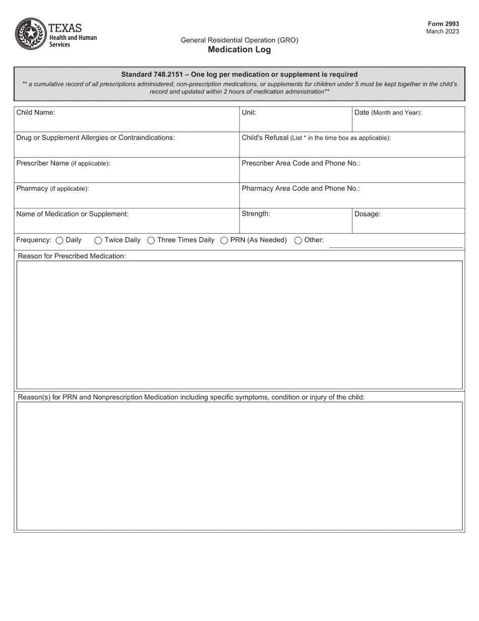 Form 2993 General Residential Operations Medication Log - Texas, Page 1