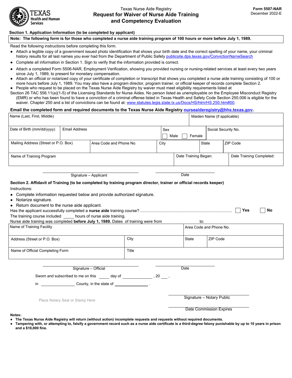 Form 5507NAR Download Fillable PDF or Fill Online Request for Waiver of Nurse Aide Training and