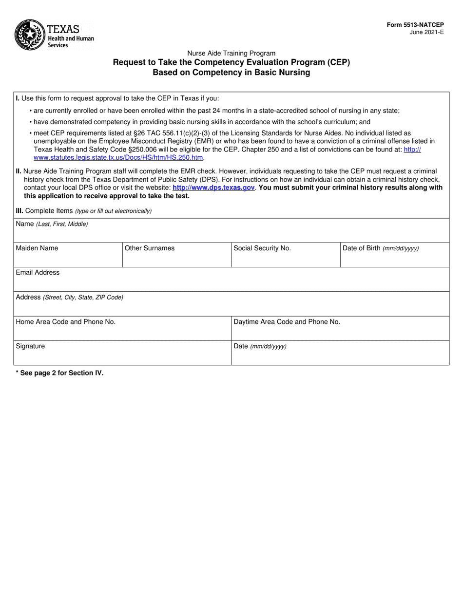 Form 5513-NATCEP Request to Take the Competency Evaluation Program (Cep) Based on Competency in Basic Nursing - Texas, Page 1