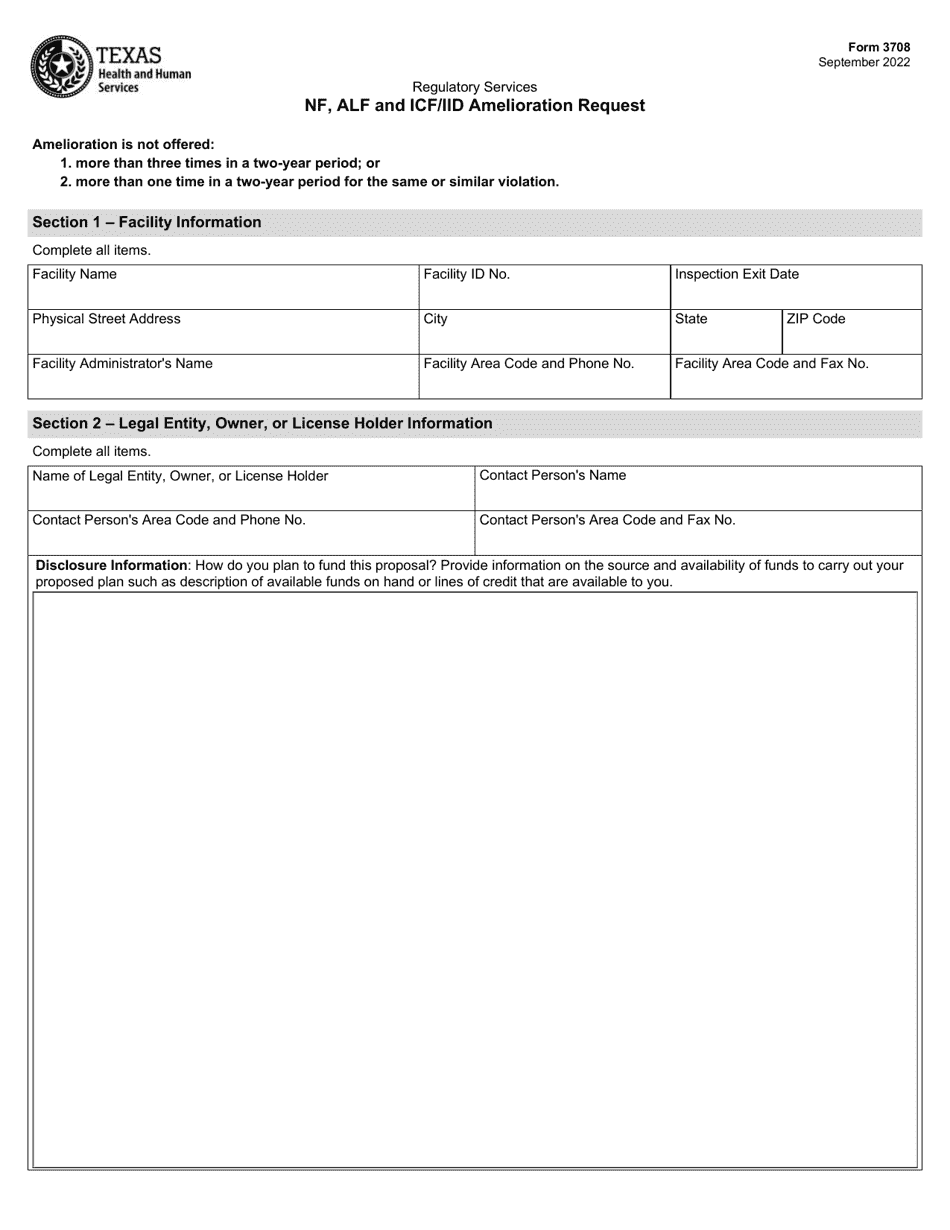 Form 3708 Nf, Alf and Icf / Iid Amelioration Request - Texas, Page 1