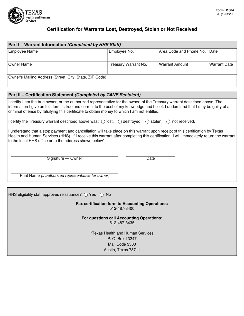 Form H1084 Download Fillable PDF or Fill Online Certification for