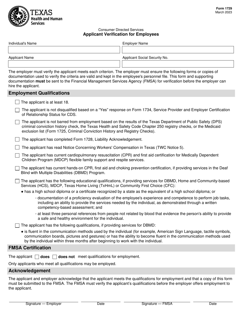 Form 1729 Applicant Verification for Employees - Texas, Page 1