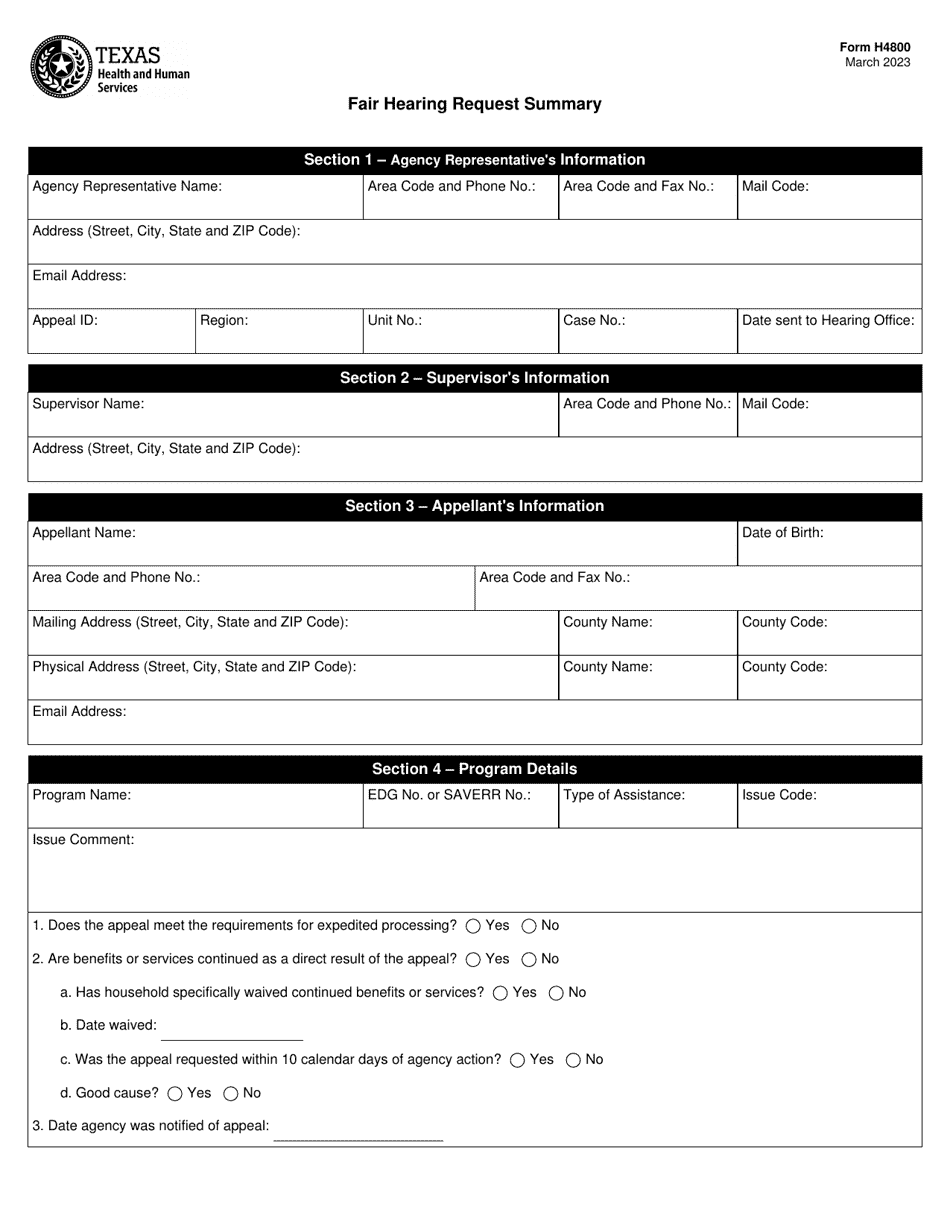 Form H4800 Fair Hearing Request Summary - Texas, Page 1