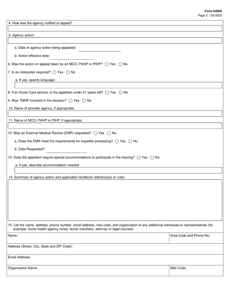 Form H4800 Fair Hearing Request Summary - Texas, Page 2