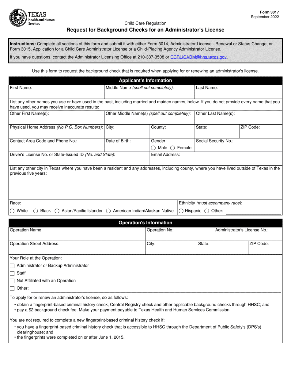 Form 3017 Request for Background Checks for an Administrators License - Texas, Page 1